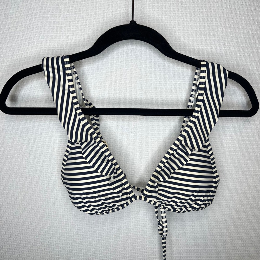 Tory Burch Navy Blue White Striped Ruffle Triangle Bikini Top Medium